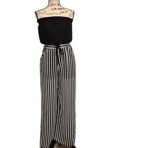 Double Zero Tube Top Pant Jumpsuit M Black White Striped Wide Leg Tie Waist